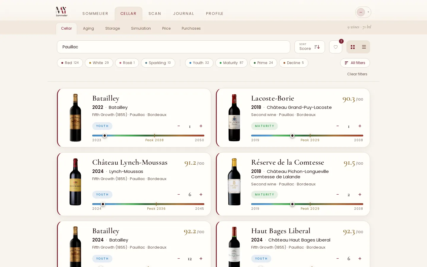 The cellar in Le Sommelier: Pauillac wines with their score, phase and drinking-window bar