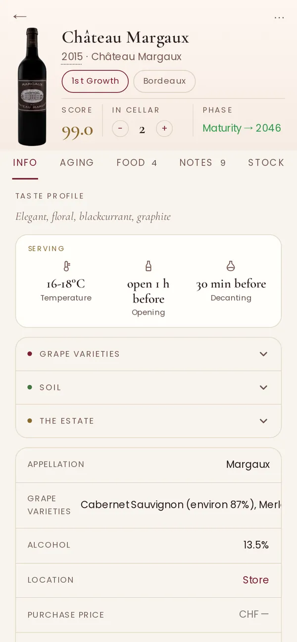 The Château Margaux 2015 wine sheet: scored 99/100, in maturity until 2046