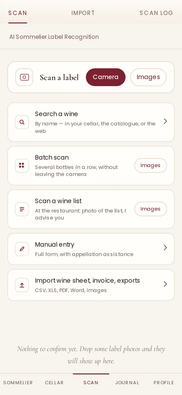 The Scan screen: scan a label, search a wine, batch scan, wine list, manual entry, import