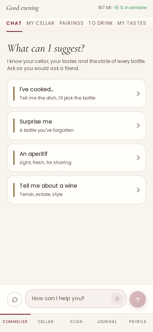 The Sommelier home screen: I've cooked, Surprise me, An aperitif, Tell me about a wine