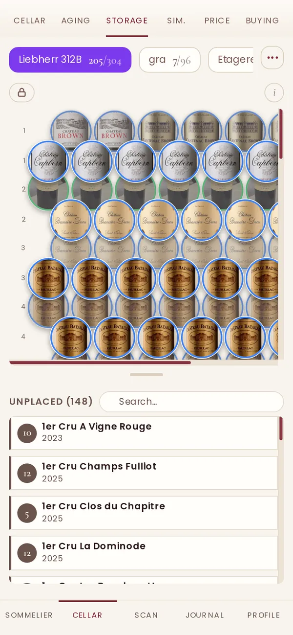 The map of a wine fridge, in order, bottle by bottle