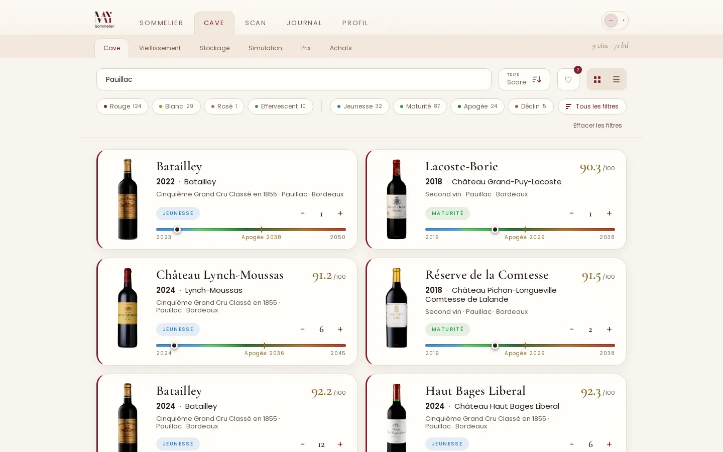 La cave dans Le Sommelier : des pauillacs avec leur note, leur phase et leur barre de garde
