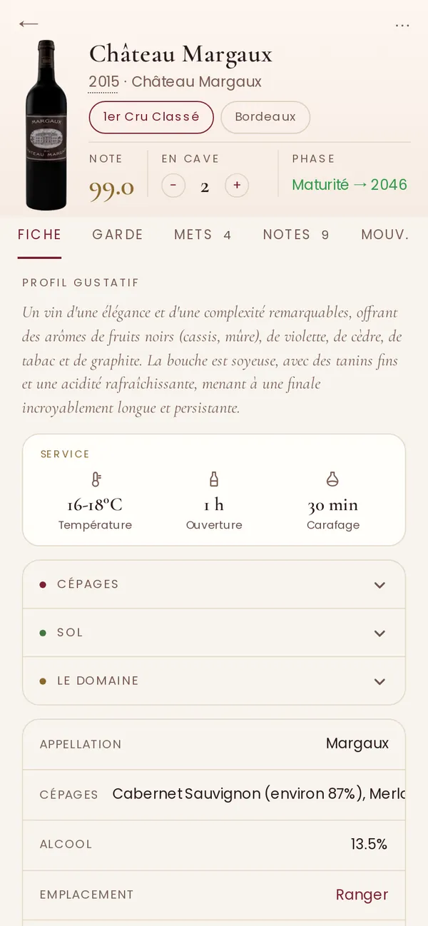 La fiche du Château Margaux 2015 : note de 99 sur 100, en maturité jusqu'en 2046