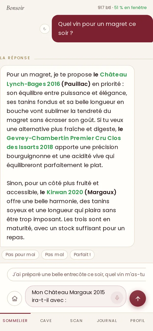 Le Sommelier répond à « Quel vin pour un magret ce soir ? » en proposant un Château Lynch-Bages 2016 de la cave